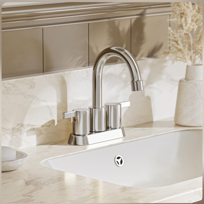 Phiestina 4 Inch Centerset 2 or 3 Holes 2 Handle Chrome Lead-Free Bathroom Faucet, Swivel Spout with Copper Pop Up Drain and 2 Water Supply Lines, BF015-1-C - Image 4